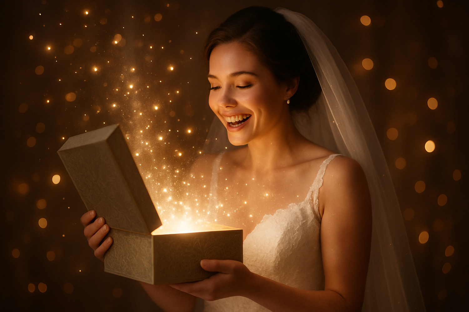 Happy bride holding big box has lights coming out 